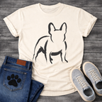 French Bulldog t-shirt with loose gestural brush ink Frenchie illustration seen from behind, bold confident brushstrokes suggesting the form with minimal fill, single black ink on warm tee, fine art gallery style graphic
