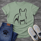 French Bulldog t-shirt with loose gestural brush ink Frenchie illustration seen from behind, bold confident brushstrokes suggesting the form with minimal fill, single black ink on warm tee, fine art gallery style graphic