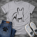 French Bulldog t-shirt with loose gestural brush ink Frenchie illustration seen from behind, bold confident brushstrokes suggesting the form with minimal fill, single black ink on warm tee, fine art gallery style graphic