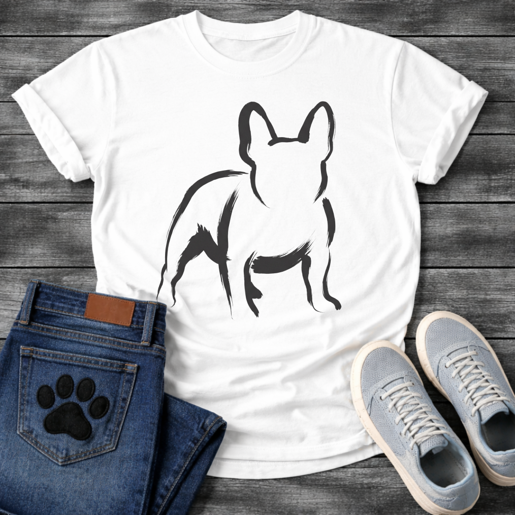 French Bulldog t-shirt with loose gestural brush ink Frenchie illustration seen from behind, bold confident brushstrokes suggesting the form with minimal fill, single black ink on warm tee, fine art gallery style graphic