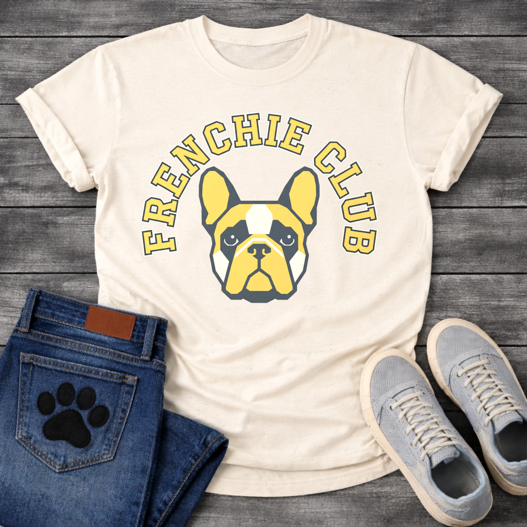 French Bulldog t-shirt with bold collegiate arched text reading Frenchie Club in gold with navy outline, geometric fawn and black Frenchie face portrait centered below, clean varsity style graphic
