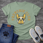 French Bulldog t-shirt with bold collegiate arched text reading Frenchie Club in gold with navy outline, geometric fawn and black Frenchie face portrait centered below, clean varsity style graphic
