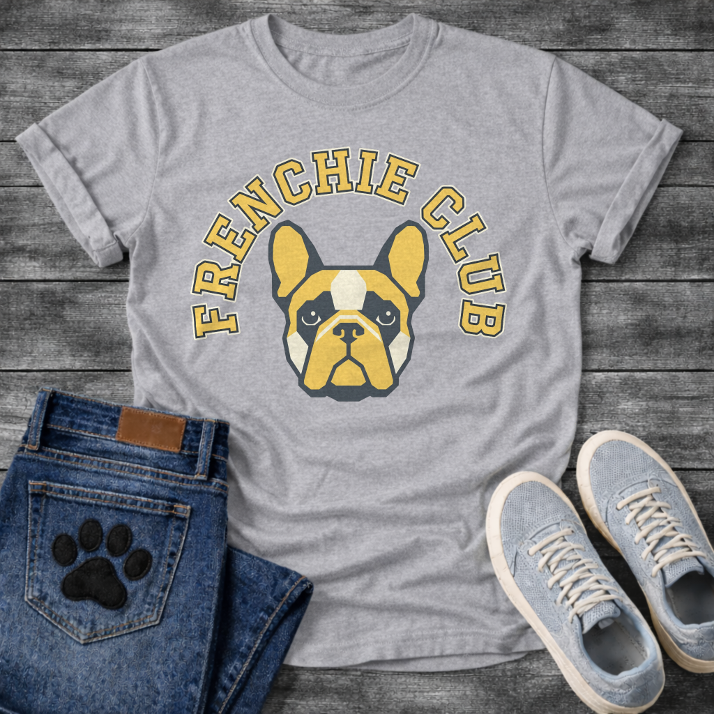 French Bulldog t-shirt with bold collegiate arched text reading Frenchie Club in gold with navy outline, geometric fawn and black Frenchie face portrait centered below, clean varsity style graphic
