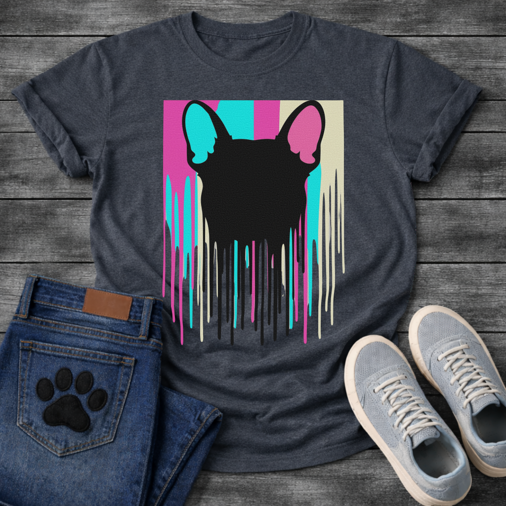 French Bulldog t-shirt with bold black Frenchie head silhouette seen from behind, hot pink cyan and cream vertical color blocks behind with long paint drips running below, pop art graphic no text, high impact multi-color design
