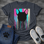 French Bulldog t-shirt with bold black Frenchie head silhouette seen from behind, hot pink cyan and cream vertical color blocks behind with long paint drips running below, pop art graphic no text, high impact multi-color design
