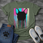 French Bulldog t-shirt with bold black Frenchie head silhouette seen from behind, hot pink cyan and cream vertical color blocks behind with long paint drips running below, pop art graphic no text, high impact multi-color design

