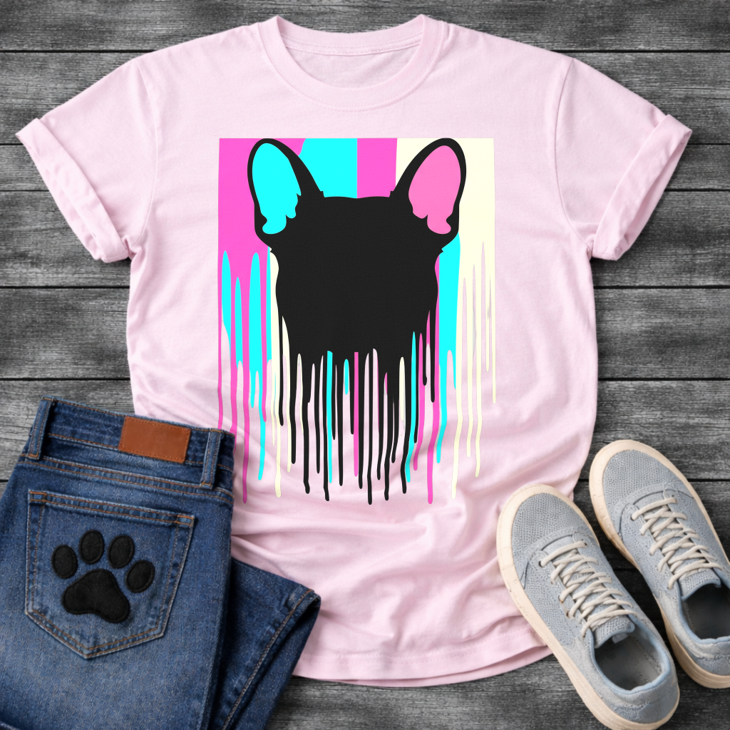 French Bulldog t-shirt with bold black Frenchie head silhouette seen from behind, hot pink cyan and cream vertical color blocks behind with long paint drips running below, pop art graphic no text, high impact multi-color design

