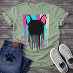 French Bulldog t-shirt with bold black Frenchie head silhouette seen from behind, hot pink cyan and cream vertical color blocks behind with long paint drips running below, pop art graphic no text, high impact multi-color design
