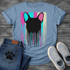 French Bulldog t-shirt with bold black Frenchie head silhouette seen from behind, hot pink cyan and cream vertical color blocks behind with long paint drips running below, pop art graphic no text, high impact multi-color design
