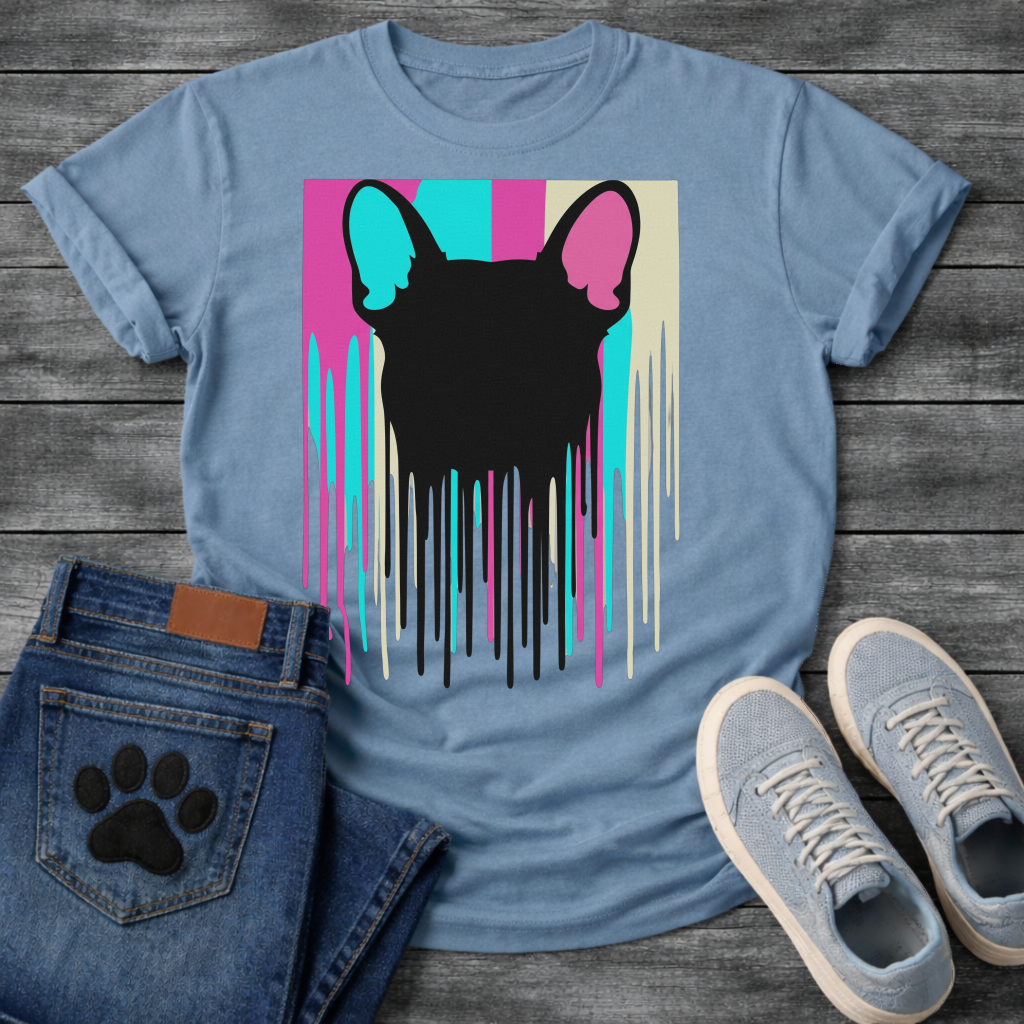 French Bulldog t-shirt with bold black Frenchie head silhouette seen from behind, hot pink cyan and cream vertical color blocks behind with long paint drips running below, pop art graphic no text, high impact multi-color design
