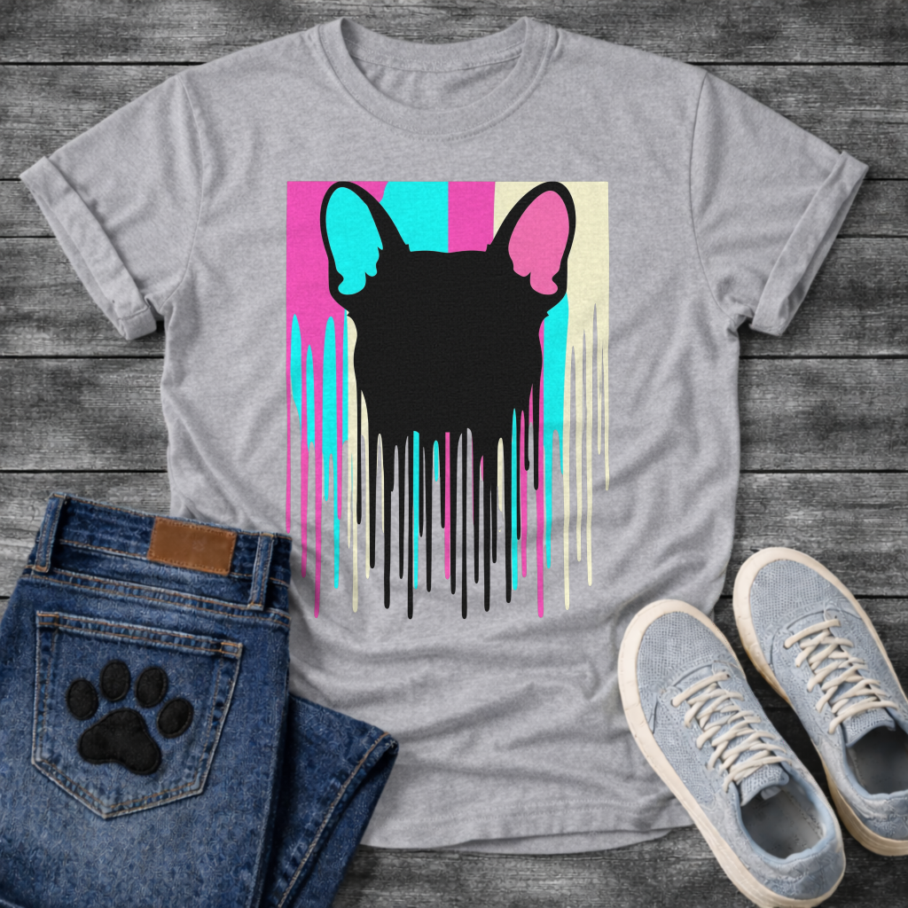 French Bulldog t-shirt with bold black Frenchie head silhouette seen from behind, hot pink cyan and cream vertical color blocks behind with long paint drips running below, pop art graphic no text, high impact multi-color design
