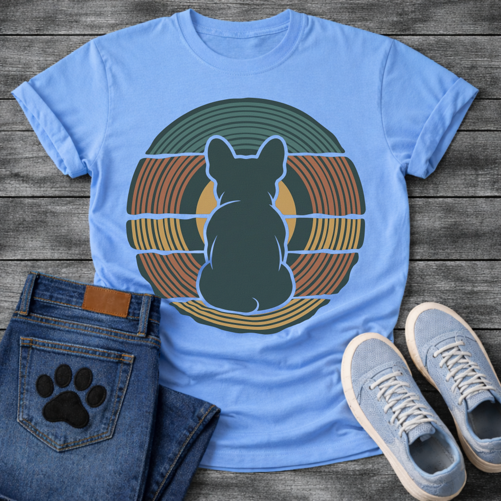 French Bulldog t-shirt with Frenchie silhouette seen from behind centered in layered concentric rings of teal terracotta and gold that bend and wrap around the figure, golden circle glowing behind, no text, bold retro graphic art