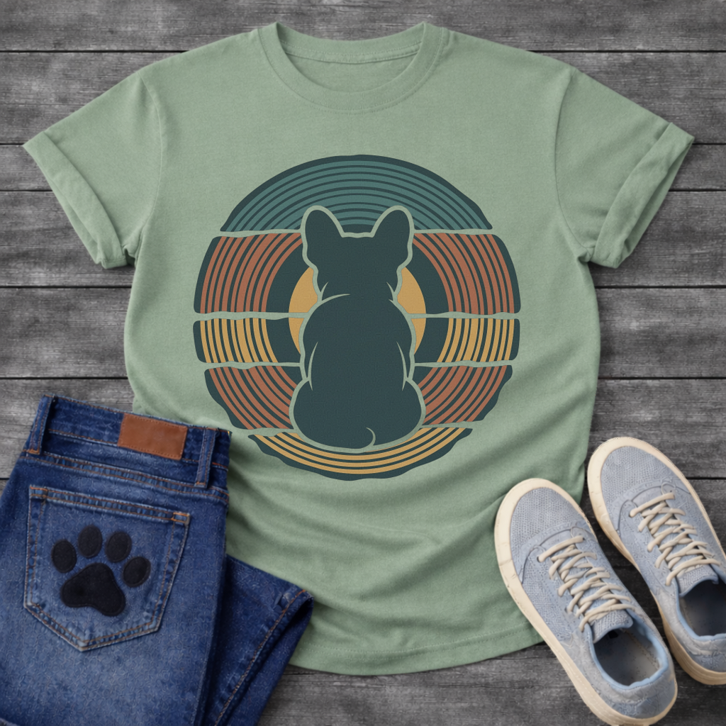 French Bulldog t-shirt with Frenchie silhouette seen from behind centered in layered concentric rings of teal terracotta and gold that bend and wrap around the figure, golden circle glowing behind, no text, bold retro graphic art