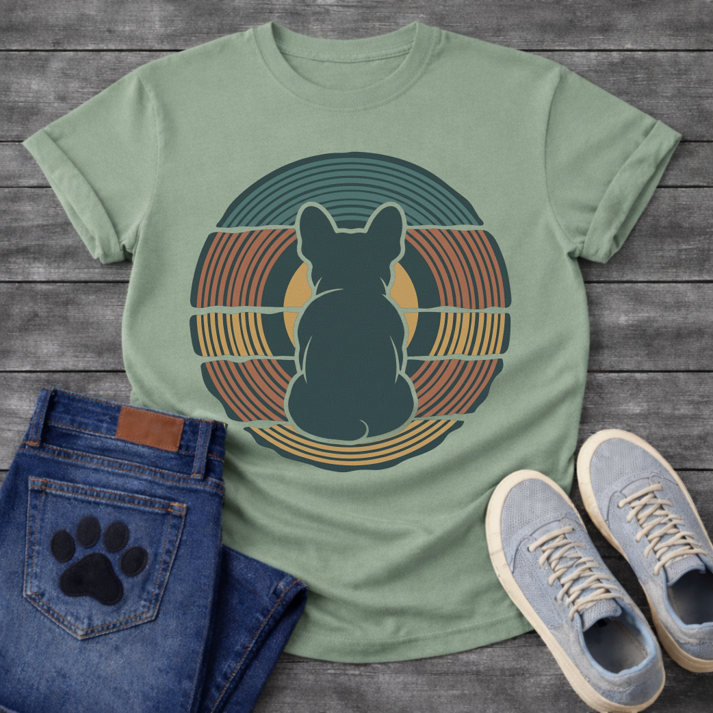 French Bulldog t-shirt with Frenchie silhouette seen from behind centered in layered concentric rings of teal terracotta and gold that bend and wrap around the figure, golden circle glowing behind, no text, bold retro graphic art