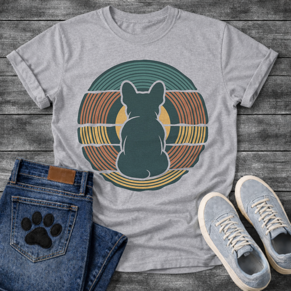 French Bulldog t-shirt with Frenchie silhouette seen from behind centered in layered concentric rings of teal terracotta and gold that bend and wrap around the figure, golden circle glowing behind, no text, bold retro graphic art