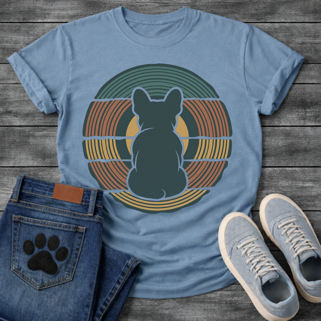 French Bulldog t-shirt with Frenchie silhouette seen from behind centered in layered concentric rings of teal terracotta and gold that bend and wrap around the figure, golden circle glowing behind, no text, bold retro graphic art