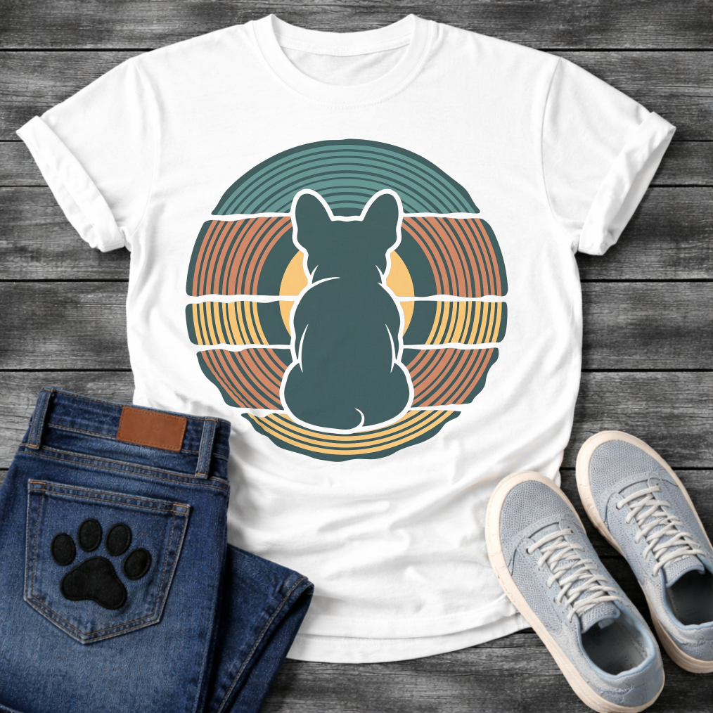 French Bulldog t-shirt with Frenchie silhouette seen from behind centered in layered concentric rings of teal terracotta and gold that bend and wrap around the figure, golden circle glowing behind, no text, bold retro graphic art