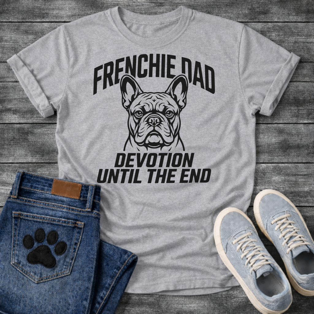 French Bulldog t-shirt with bold collegiate arched text reading Frenchie Dad above a detailed Frenchie portrait, bold italic condensed text reading Devotion Until The End below, single black ink on warm sand tee
