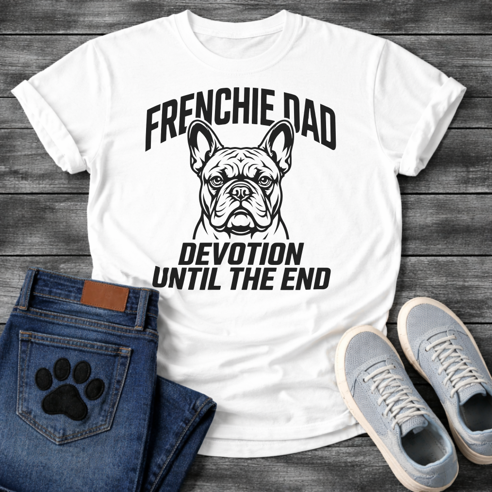 French Bulldog t-shirt with bold collegiate arched text reading Frenchie Dad above a detailed Frenchie portrait, bold italic condensed text reading Devotion Until The End below, single black ink on warm sand tee
