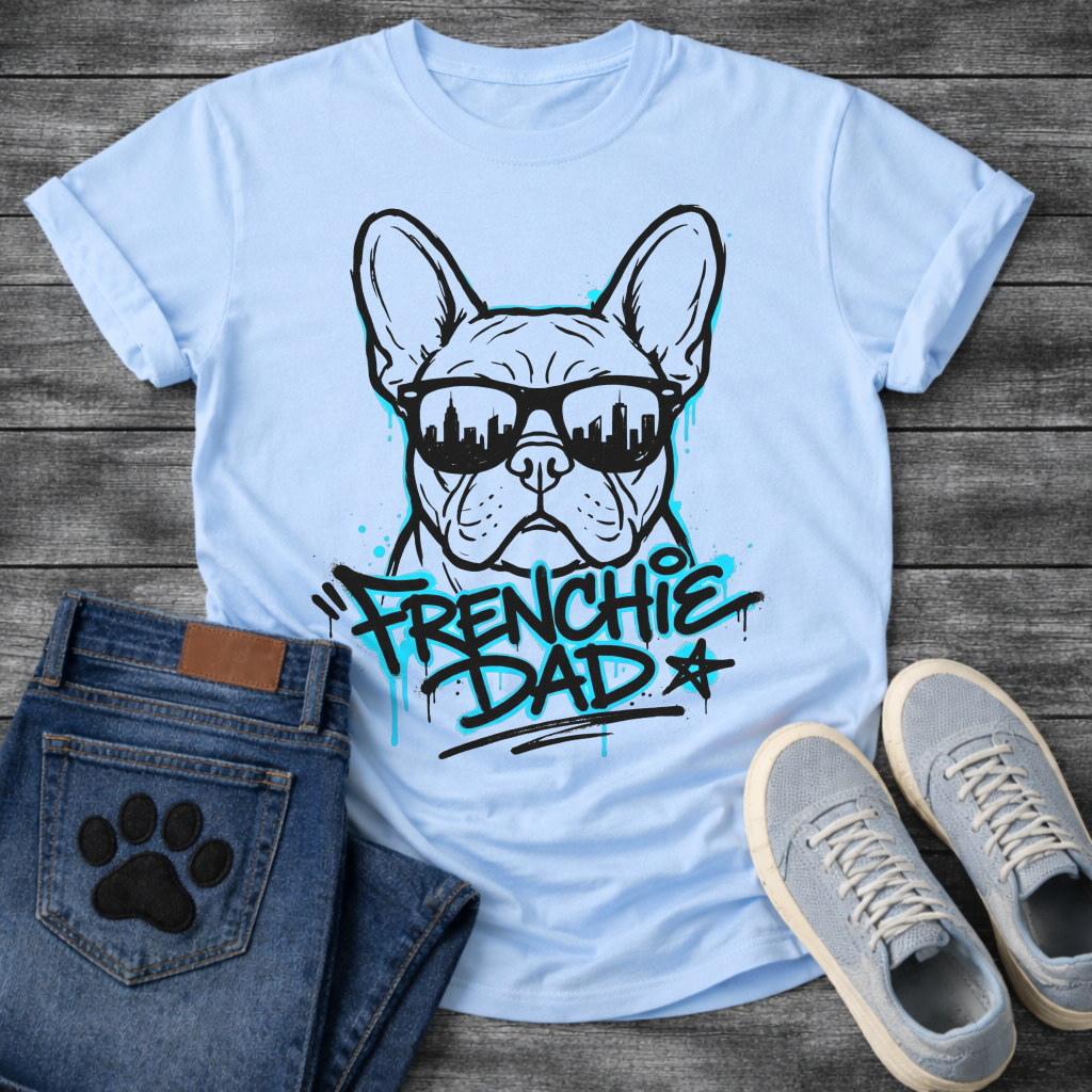 Bulldog t-shirt with street art style Frenchie wearing sunglasses reflecting a city skyline, bold electric blue graffiti text reading Frenchie Dad with drip paint effects, two-color urban graphic on warm sand tee