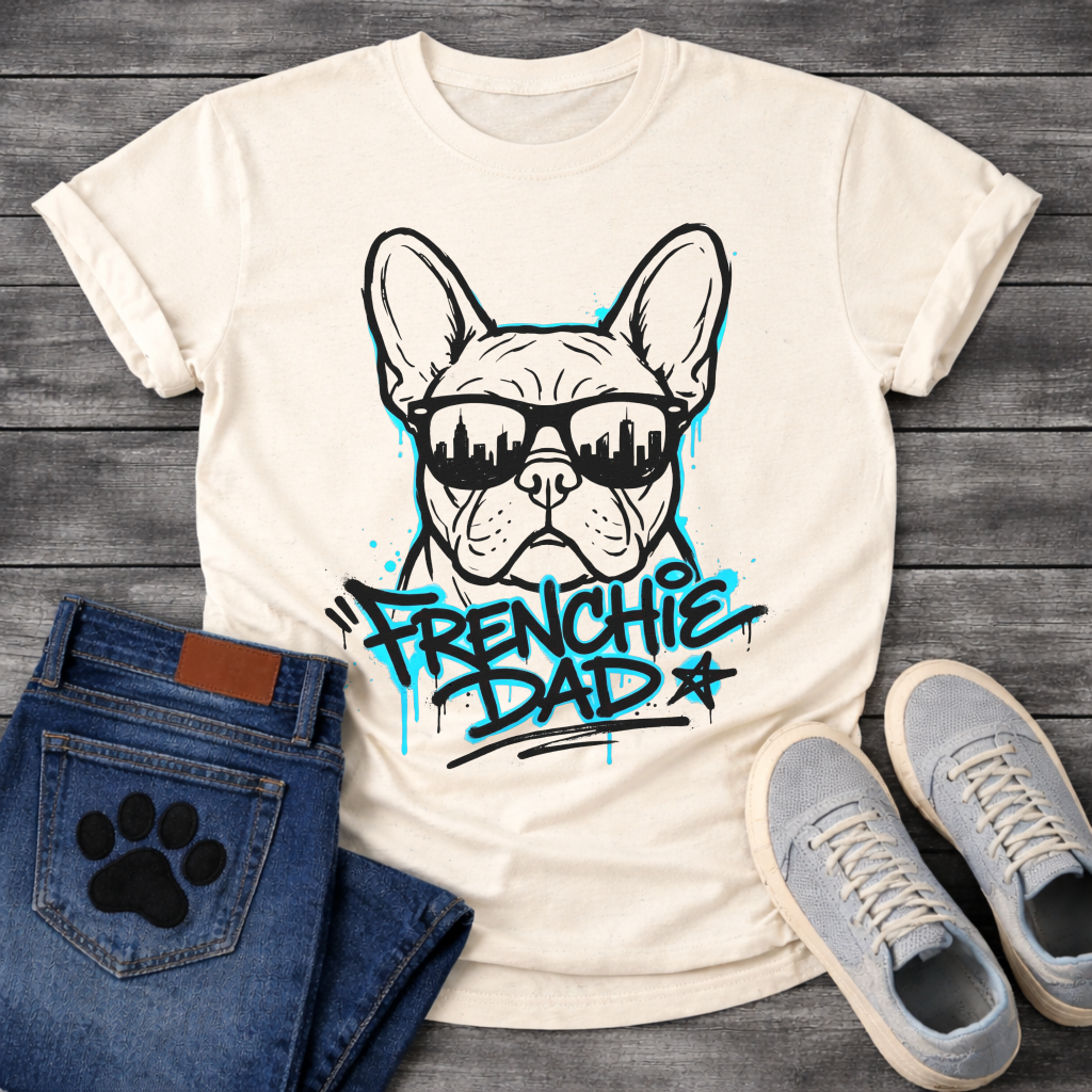 Bulldog t-shirt with street art style Frenchie wearing sunglasses reflecting a city skyline, bold electric blue graffiti text reading Frenchie Dad with drip paint effects, two-color urban graphic on warm sand tee