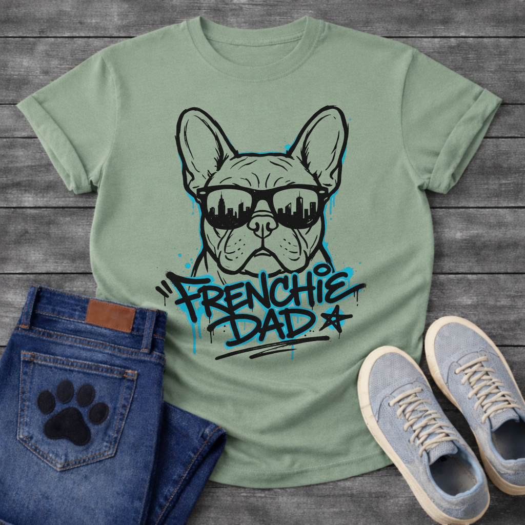 Bulldog t-shirt with street art style Frenchie wearing sunglasses reflecting a city skyline, bold electric blue graffiti text reading Frenchie Dad with drip paint effects, two-color urban graphic on warm sand tee