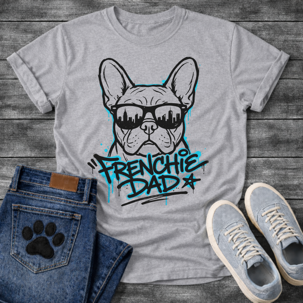 Bulldog t-shirt with street art style Frenchie wearing sunglasses reflecting a city skyline, bold electric blue graffiti text reading Frenchie Dad with drip paint effects, two-color urban graphic on warm sand tee
