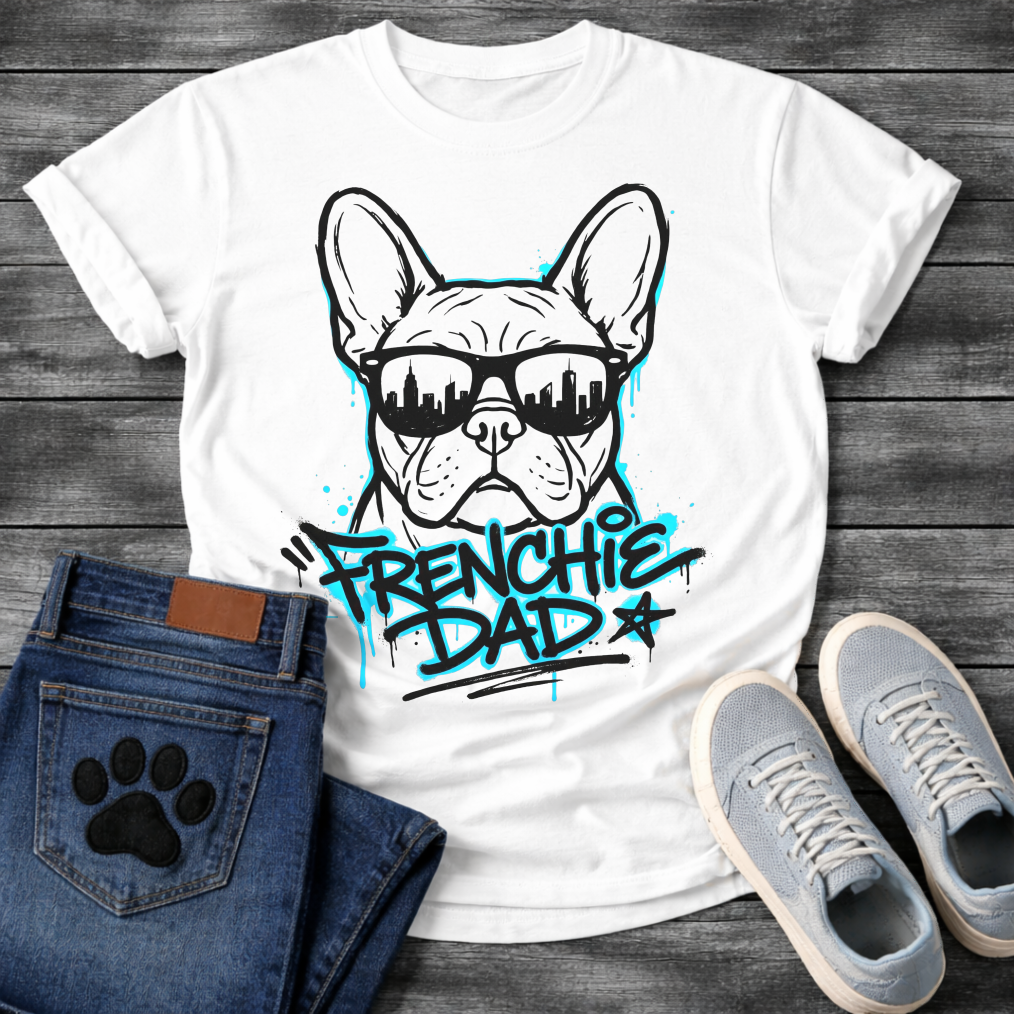 Bulldog t-shirt with street art style Frenchie wearing sunglasses reflecting a city skyline, bold electric blue graffiti text reading Frenchie Dad with drip paint effects, two-color urban graphic on warm sand tee