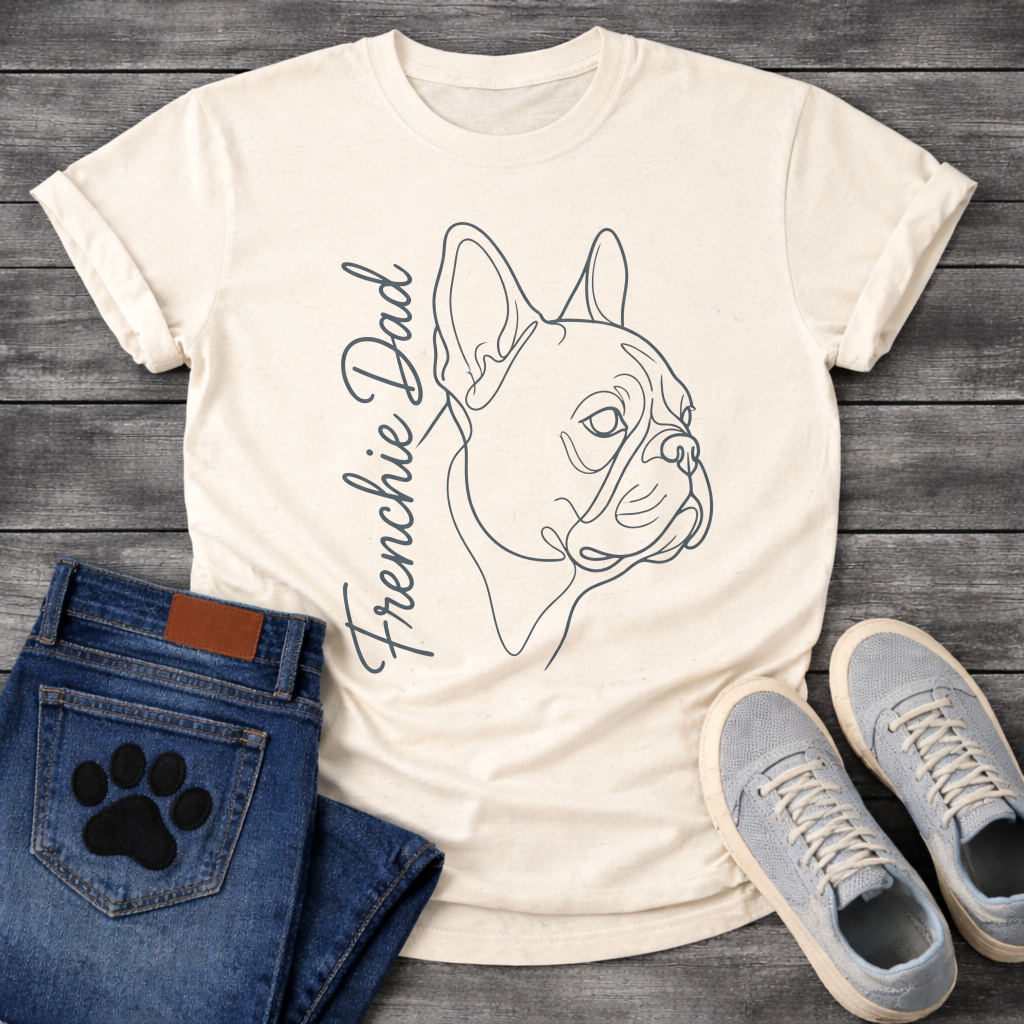 French Bulldog t-shirt with minimal continuous line art Frenchie side profile portrait, flowing script text reading Frenchie Dad alongside, single dark ink on warm sand tee, premium gallery style design