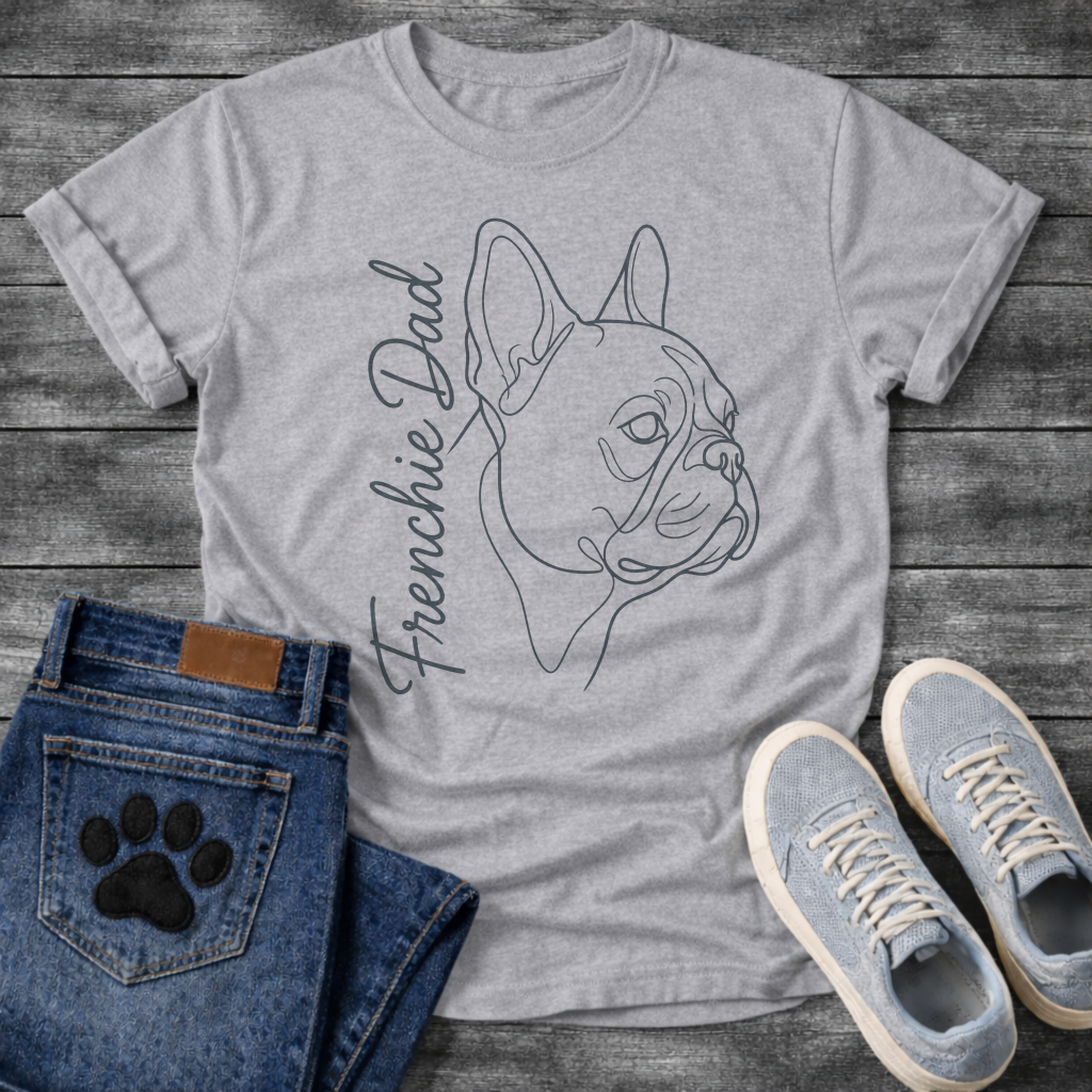 French Bulldog t-shirt with minimal continuous line art Frenchie side profile portrait, flowing script text reading Frenchie Dad alongside, single dark ink on warm sand tee, premium gallery style design