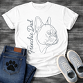 French Bulldog t-shirt with minimal continuous line art Frenchie side profile portrait, flowing script text reading Frenchie Dad alongside, single dark ink on warm sand tee, premium gallery style design