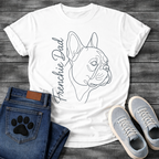 French Bulldog t-shirt with minimal continuous line art Frenchie side profile portrait, flowing script text reading Frenchie Dad alongside, single dark ink on warm sand tee, premium gallery style design