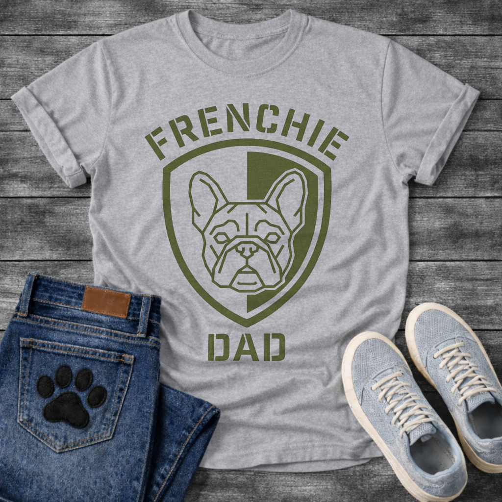 French Bulldog t-shirt with military style shield badge containing a geometric Frenchie face portrait, stencil font arched text reading Frenchie above and Dad below, single olive green ink graphic