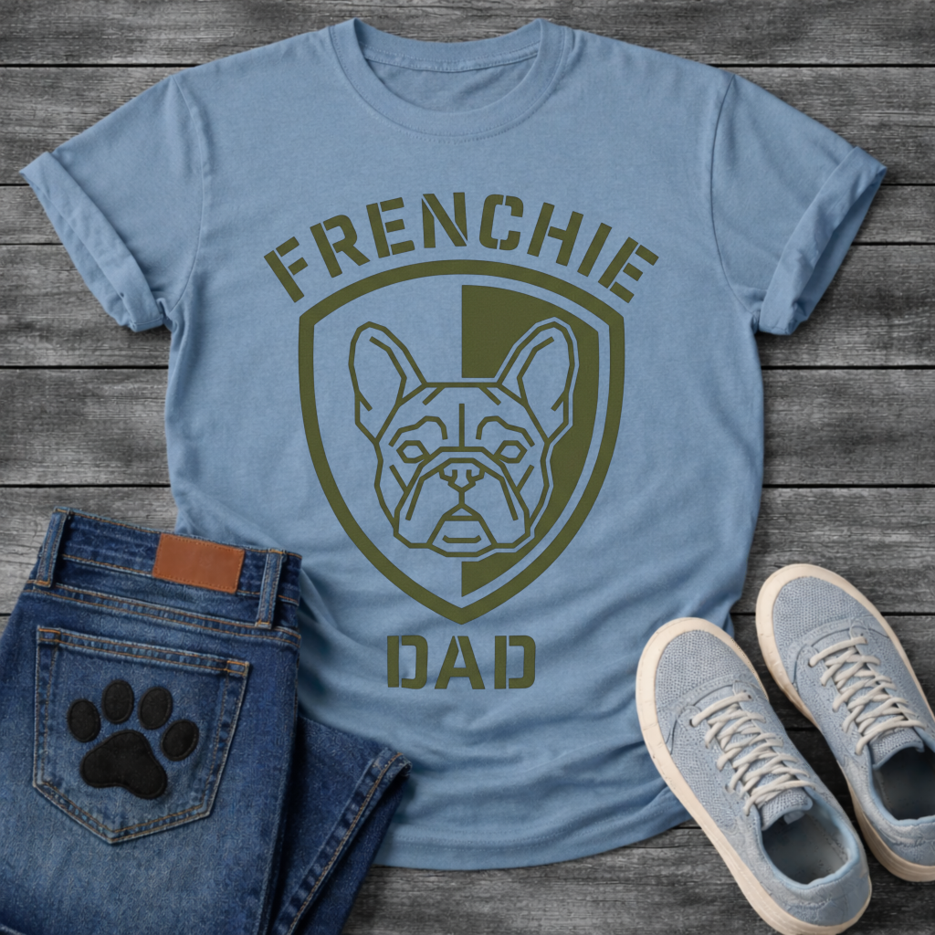 French Bulldog t-shirt with military style shield badge containing a geometric Frenchie face portrait, stencil font arched text reading Frenchie above and Dad below, single olive green ink graphic