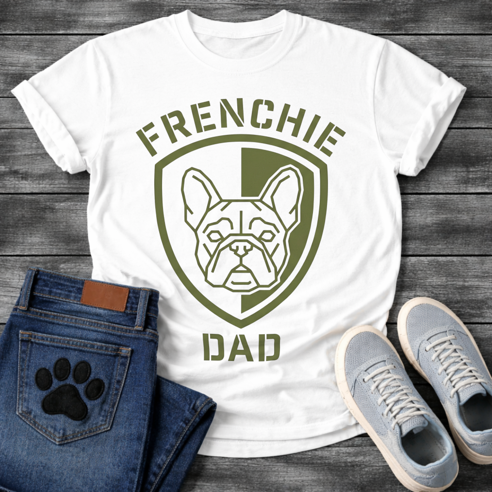 French Bulldog t-shirt with military style shield badge containing a geometric Frenchie face portrait, stencil font arched text reading Frenchie above and Dad below, single olive green ink graphic