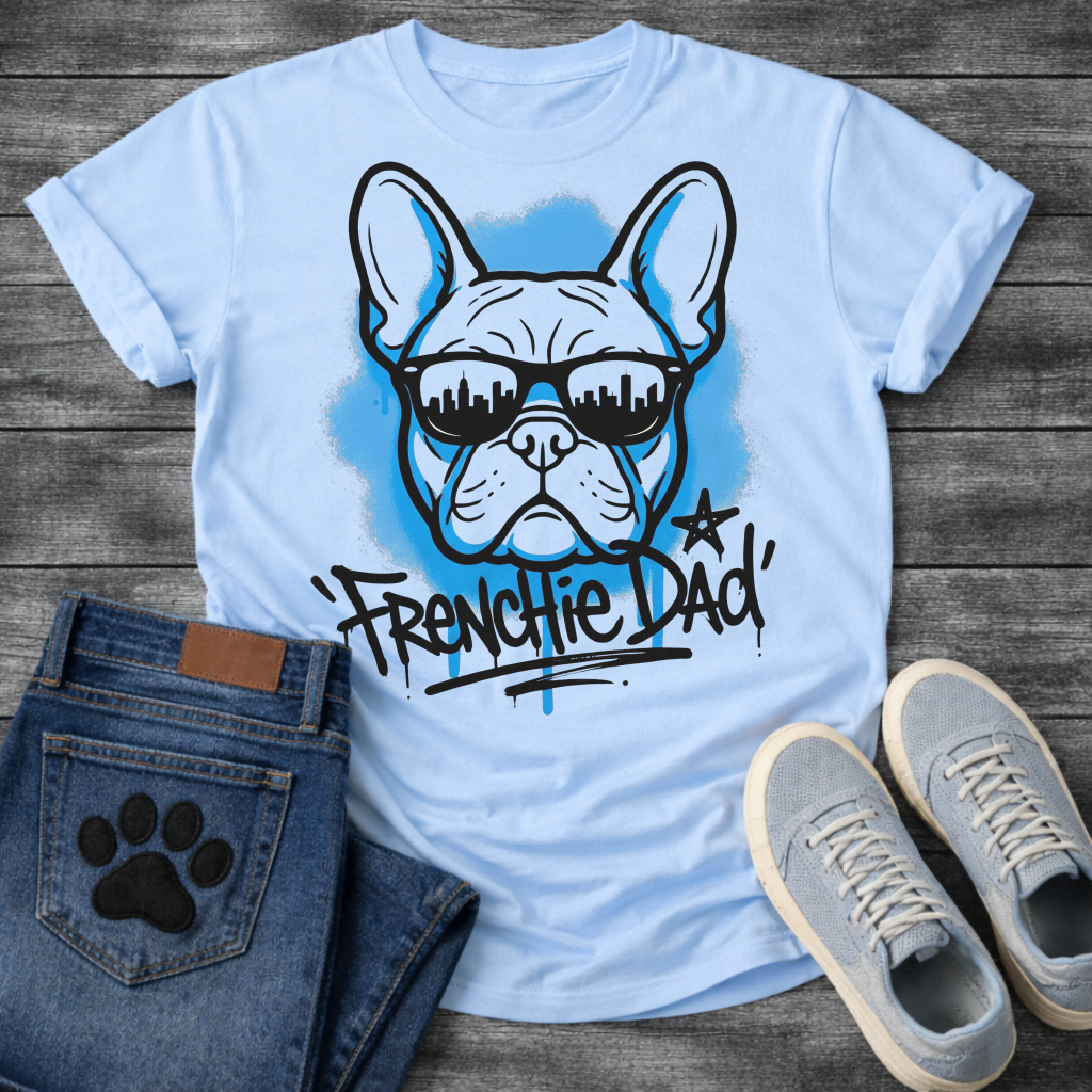 French Bulldog t-shirt with graffiti style Frenchie wearing city skyline sunglasses, electric blue spray paint halo behind the portrait, bold graffiti tag text reading Frenchie Dad with star and blue drip below