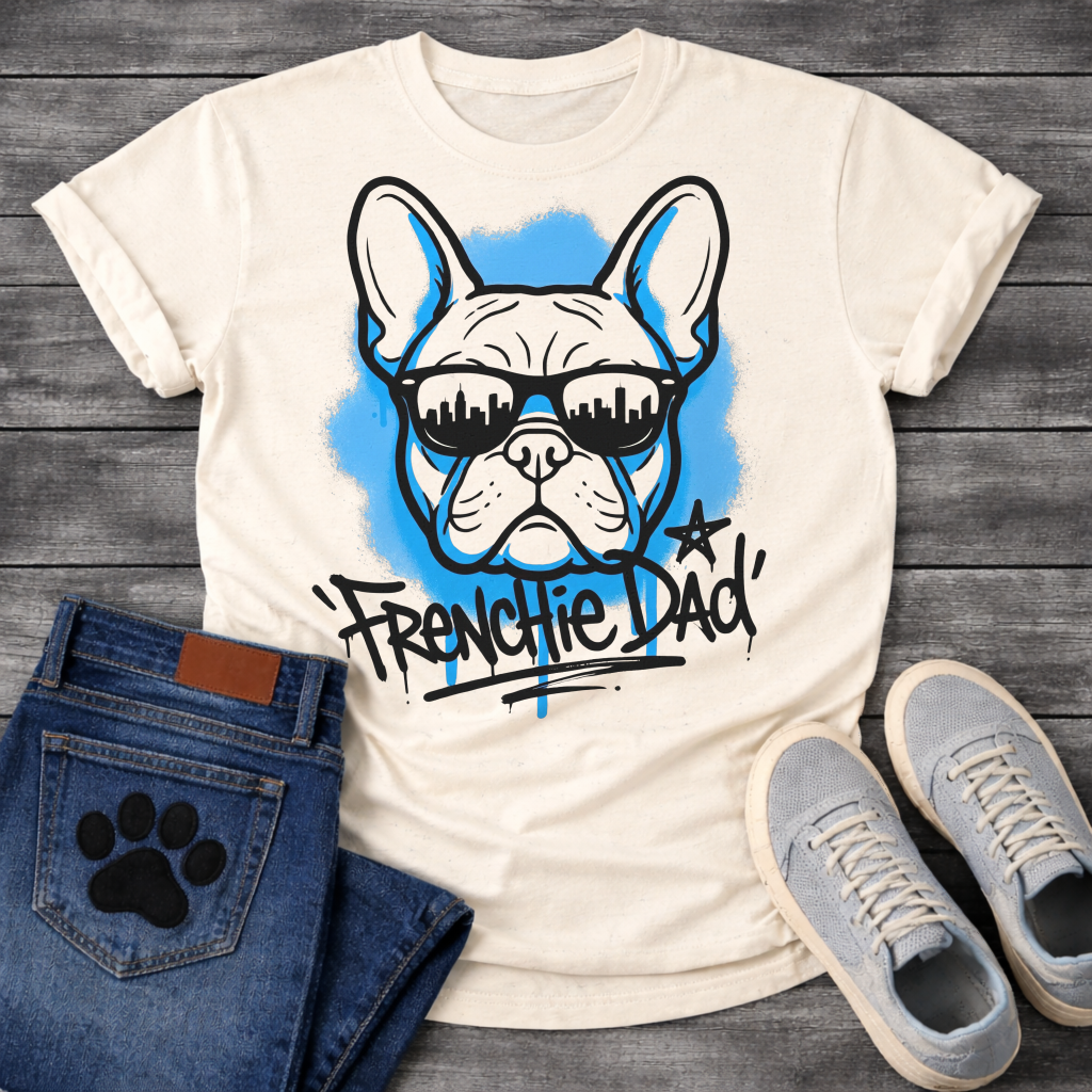 French Bulldog t-shirt with graffiti style Frenchie wearing city skyline sunglasses, electric blue spray paint halo behind the portrait, bold graffiti tag text reading Frenchie Dad with star and blue drip below
