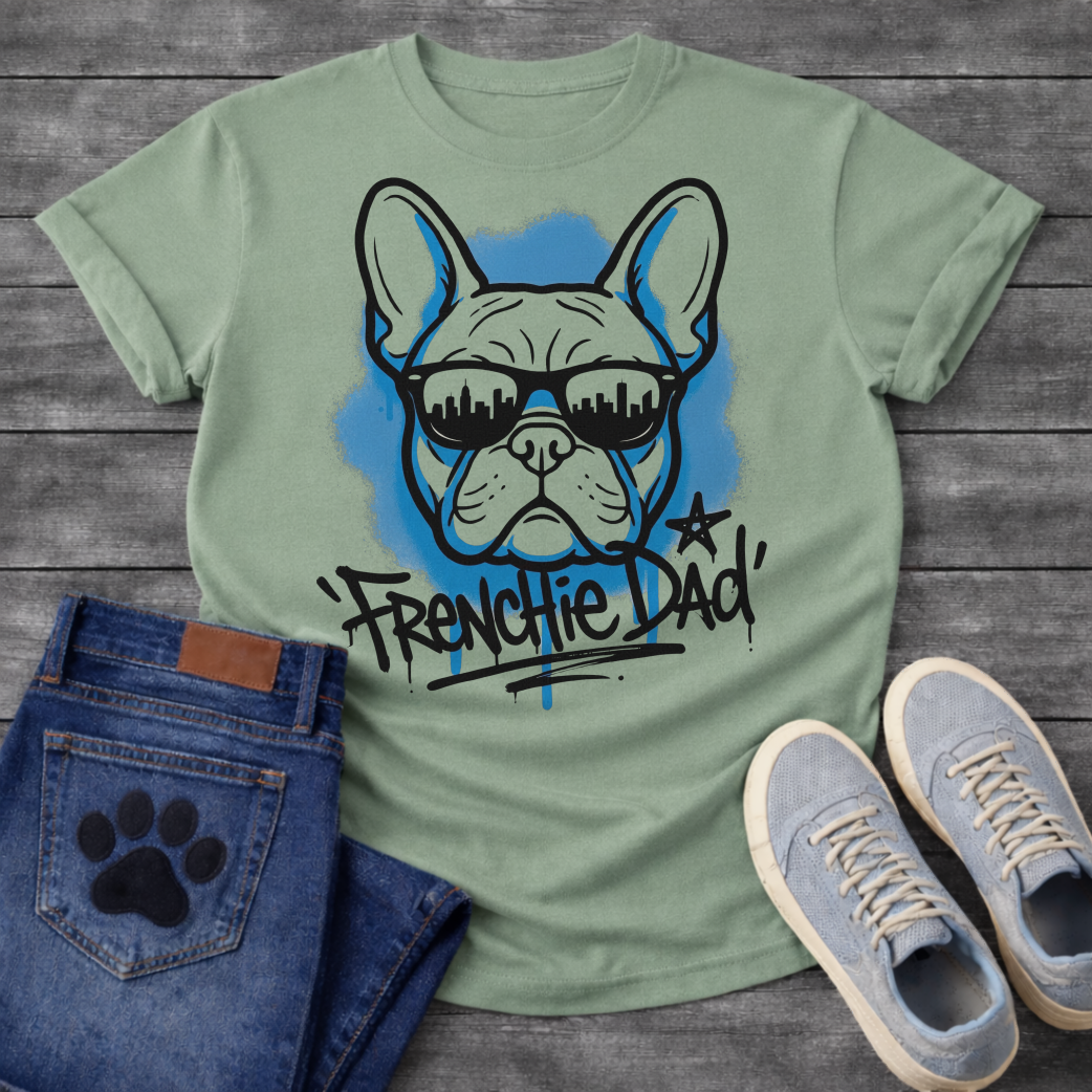 French Bulldog t-shirt with graffiti style Frenchie wearing city skyline sunglasses, electric blue spray paint halo behind the portrait, bold graffiti tag text reading Frenchie Dad with star and blue drip below
