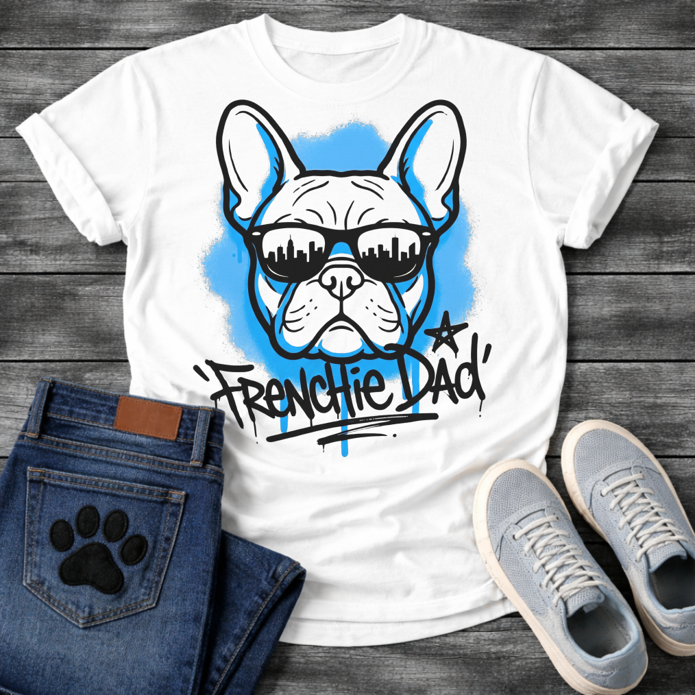 French Bulldog t-shirt with graffiti style Frenchie wearing city skyline sunglasses, electric blue spray paint halo behind the portrait, bold graffiti tag text reading Frenchie Dad with star and blue drip below