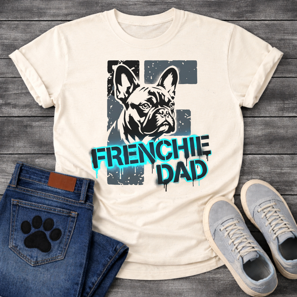 French Bulldog t-shirt with stencil-style Frenchie portrait over distressed dark block background, bold neon cyan graffiti text reading Frenchie Dad with black drip effects, high contrast urban street art graphic on warm sand tee
