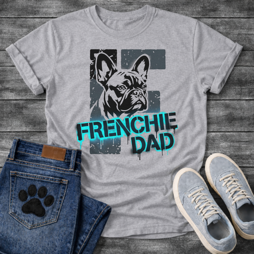 French Bulldog t-shirt with stencil-style Frenchie portrait over distressed dark block background, bold neon cyan graffiti text reading Frenchie Dad with black drip effects, high contrast urban street art graphic on warm sand tee
