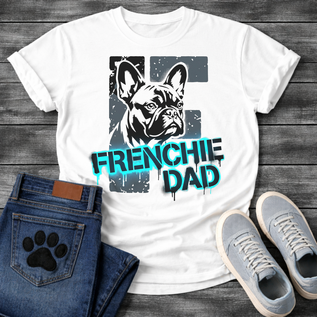 French Bulldog t-shirt with stencil-style Frenchie portrait over distressed dark block background, bold neon cyan graffiti text reading Frenchie Dad with black drip effects, high contrast urban street art graphic on warm sand tee
