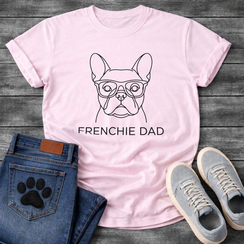 Frenchie Dad dog dad shirt white French Bulldog glasses line art pet lover tee