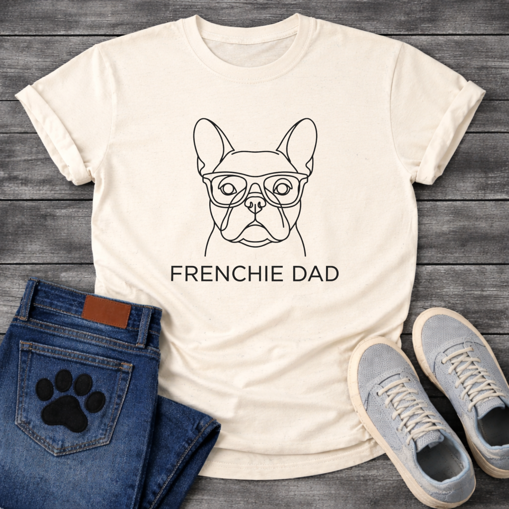 Frenchie Dad dog dad shirt white French Bulldog glasses line art pet lover tee