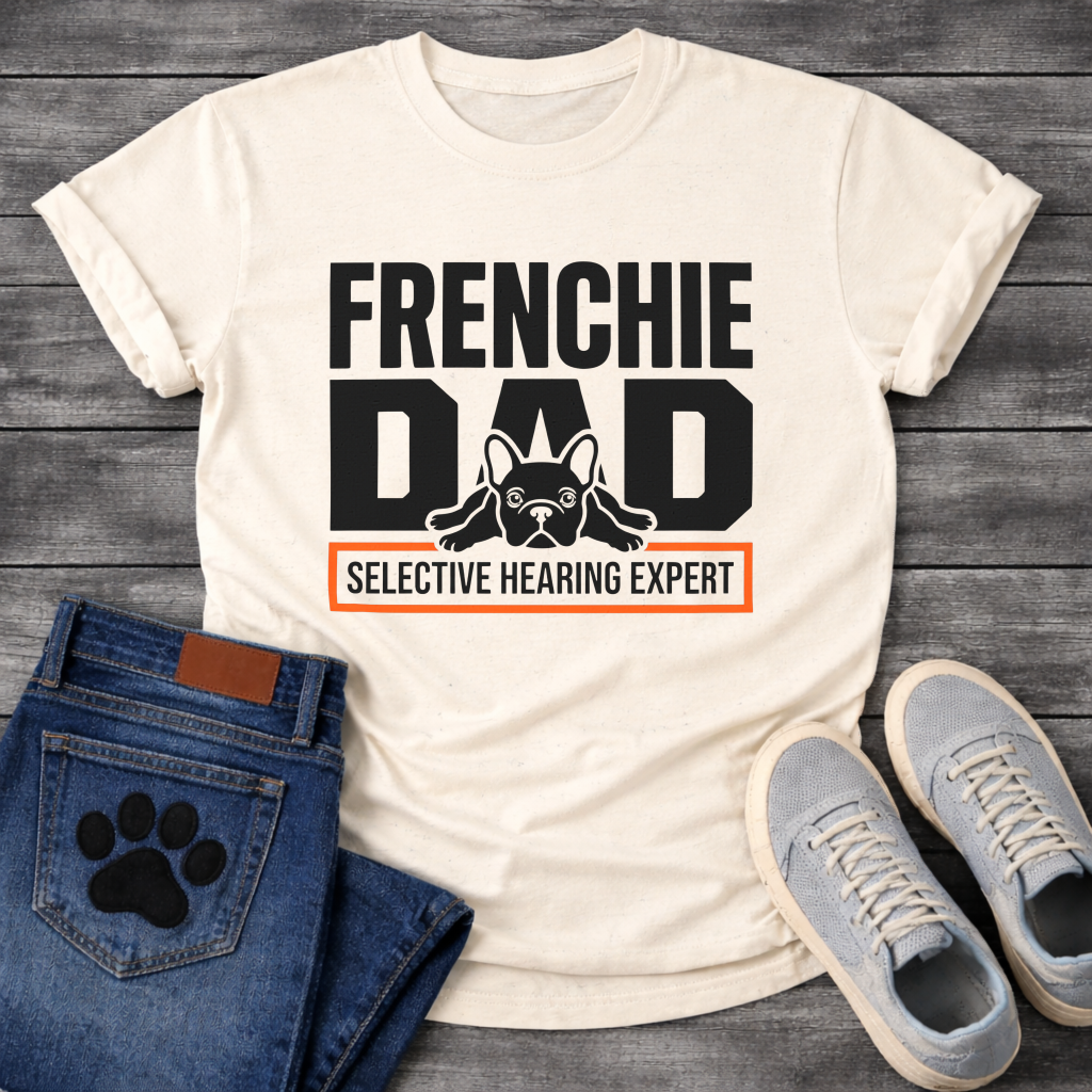 French Bulldog t-shirt with oversized bold typography reading Frenchie Dad, splooting Frenchie illustration tucked between the letters, orange bordered banner below reading Selective Hearing Expert, black and orange graphic design