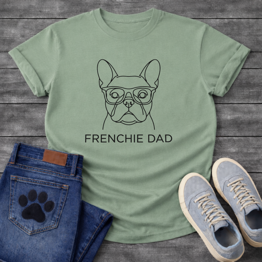 Frenchie Dad dog dad shirt white French Bulldog glasses line art pet lover tee