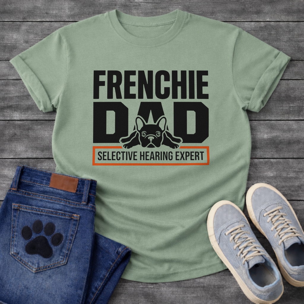 French Bulldog t-shirt with oversized bold typography reading Frenchie Dad, splooting Frenchie illustration tucked between the letters, orange bordered banner below reading Selective Hearing Expert, black and orange graphic design