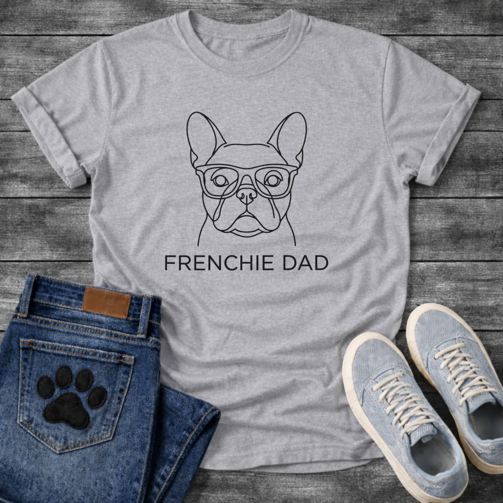 Frenchie Dad dog dad shirt white French Bulldog glasses line art pet lover tee