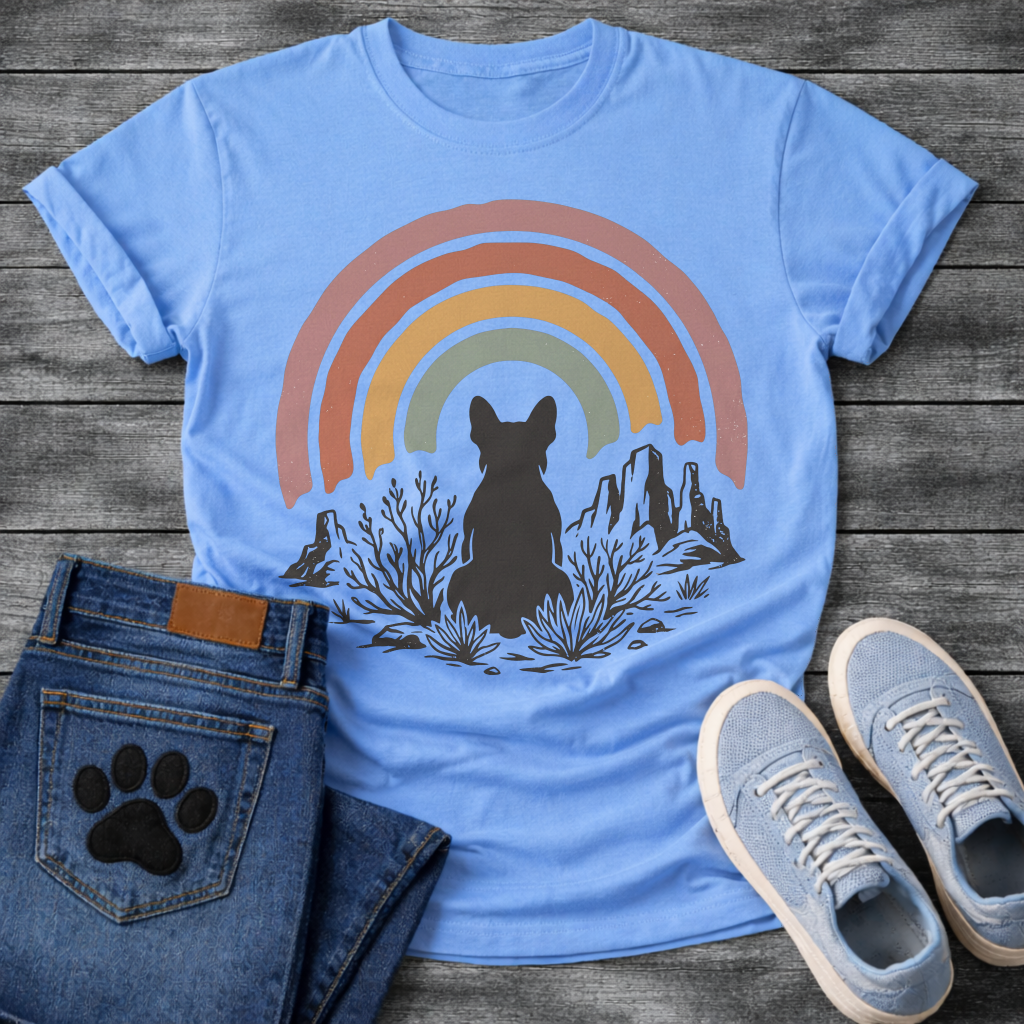 French Bulldog t-shirt with Frenchie silhouette seen from behind sitting among desert scrub plants and mesa rock formations, large boho rainbow arch above in muted pink terracotta gold and sage tones, distressed vintage texture, no text
