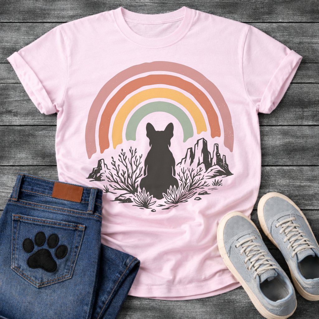 French Bulldog t-shirt with Frenchie silhouette seen from behind sitting among desert scrub plants and mesa rock formations, large boho rainbow arch above in muted pink terracotta gold and sage tones, distressed vintage texture, no text
